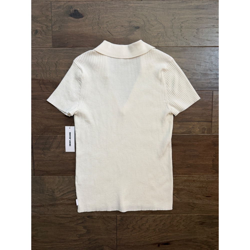 NWT DKNY Jeans Polo Sweater Womens‎ L Ivory Ribbed Knit Short Sleeve V-Neck - Picture 3 of 5